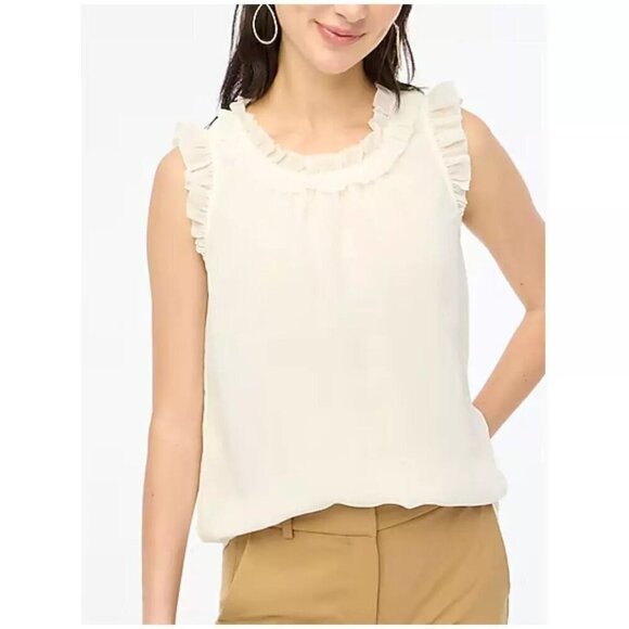 J. Crew Ruffleneck Sleeveless Keyhole Back Lightweight Crinkle Top Ivory Size L - Picture 1 of 7
